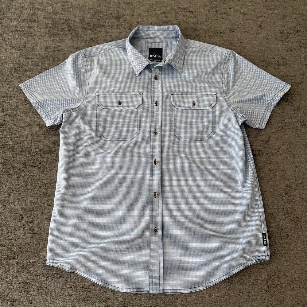 Prana Mens Medium Blue Plaid Short Sleeve Button Up Hiking Outdoor Shirt